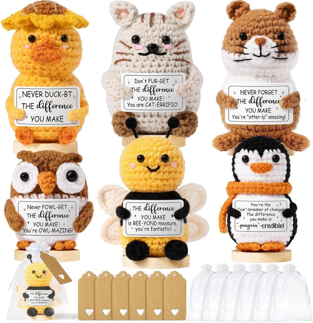 Thank You Gifts for Women 6PCS Positive Crochet Animals, Employee Appreciation Gifts Emotional Support Crochet Buddies, Administrative Professional Day Gift Easter Basket for Women Coworker Teachers