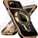 for iPhone 17e/16e Case with Screen Protector: Luxury Plated Gold Cute Wavy Edge Love Heart Pattern Kickstand Case, Slim Soft TPU Shockproof Protection Cover for iPhone 16e/17e (Black)