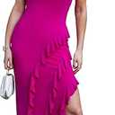 Capuffy Womens Tube Strapless Maxi Dress Irregular Ruffles Hem Cocktail Dress Off Shoulder Tassel High Slit Evening Gown 312 (Small, Rose Red)