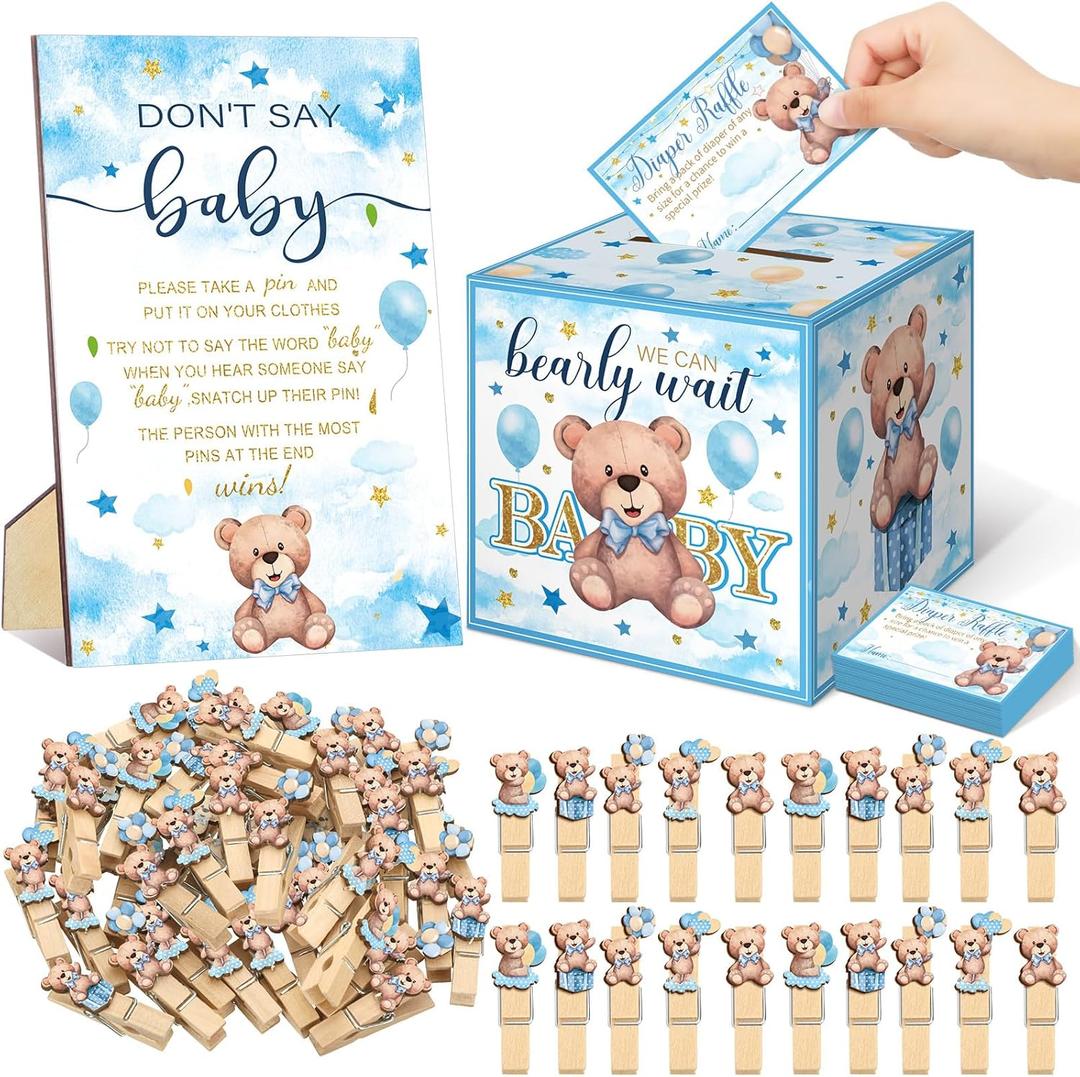 102 Pcs Bear Pins for Baby Shower Game Theme Supplies Diaper Raffle Tickets with Diaper Raffle Card Box Don't Say Baby Sign Mini Clothespin Shower Game Decor for Gender Reveal(Blue Bear)