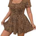 Floerns Women's Plus Size Leopard Print Dress Square Neck Short Sleeve A Line Dress with Built in Shorts