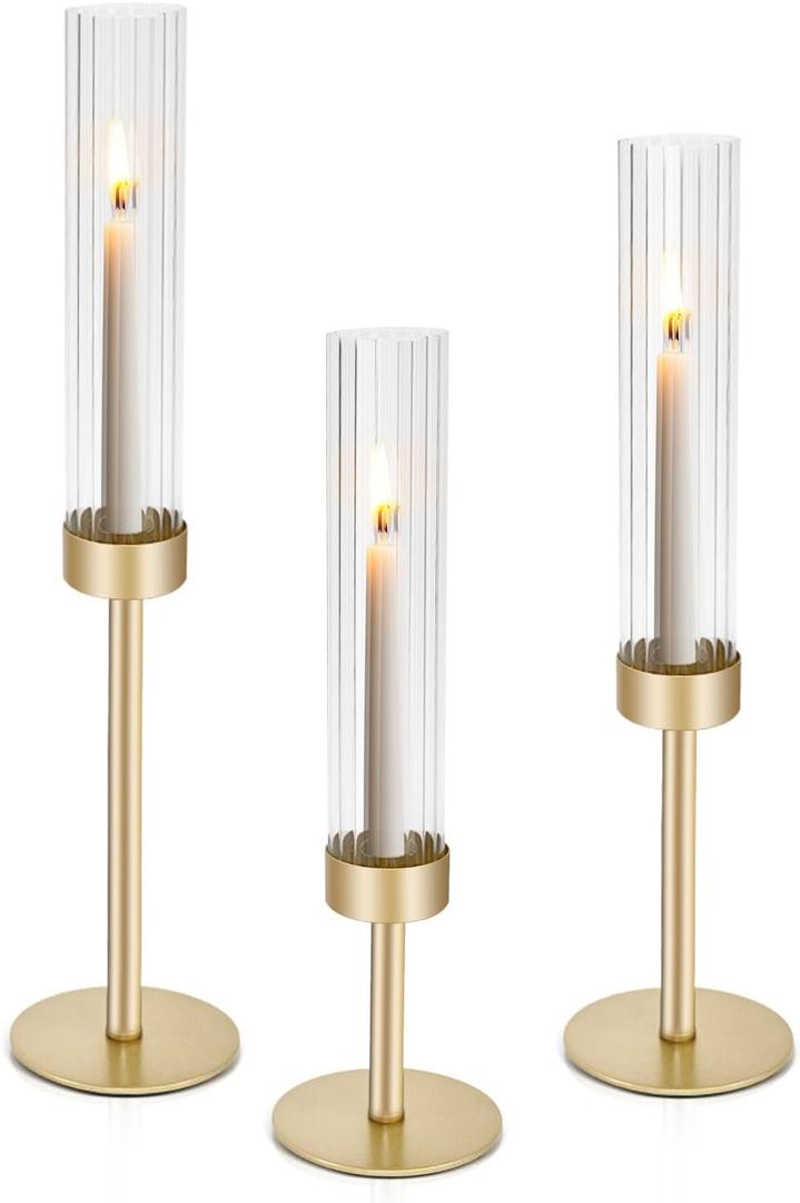 Gold Hurricane Glass Candle Holders: Cadhodenm Tall Glass Candlestick Holder for Wedding Set of 3 Brass Taper Candle Holders Modern Candle Sticks Holder for Table Centerpiece Party Christmas Home