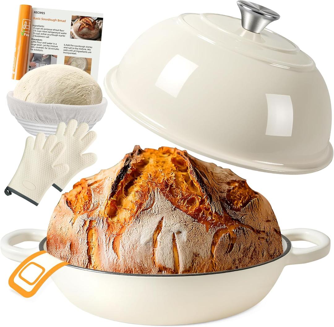AHJ 6QT Dutch Oven For Bread Baking, Enameled Cast Iron Dutch Oven Pot with Lid, Multi-Functional Bread pan, Sourdough Baking Supplies with Proofing Basket, Cast Iron Bread Oven, Silicone Sling & Gloves. (Ivory White)