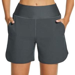 HODOSPORTS Women's 5'' High Waisted Swim Board Shorts with Pockets Liner Quick Dry Swimsuit Bottoms Trunks Small, Dark Gray 