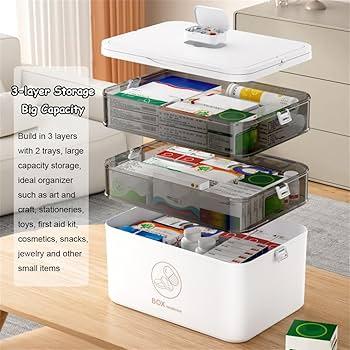 3-Tier Medicine Storage Box, Empty Family Emergencies First Aid Kit Container, Portable Plastic Medicine Storage Organizer Holder Multipurpose Box with Handle for Home, Travel (White)