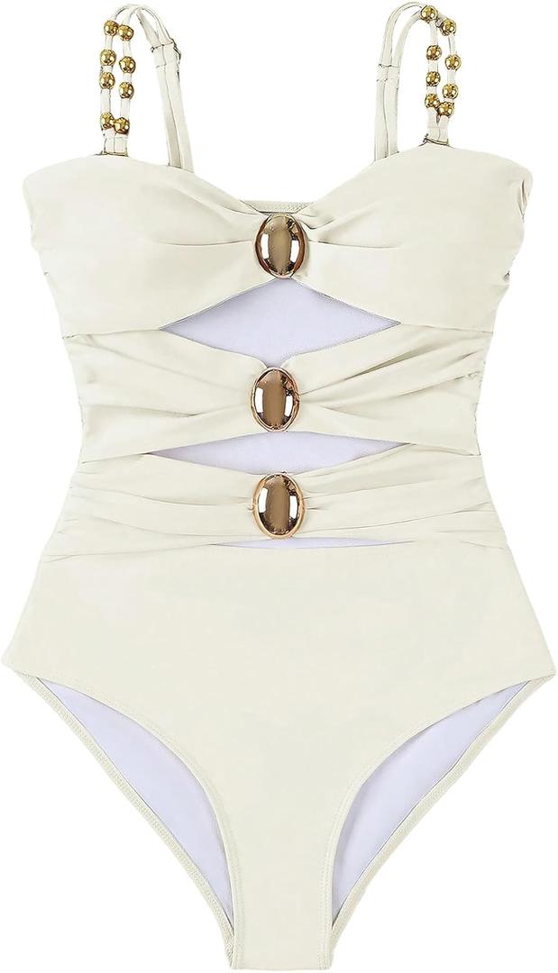Verdusa Women's Cut Out Colorblock One Piece Swimsuit Ruched Swimwear Bathing Suit (Large, Cream White)
