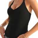 Danysu V Neck Cotton Tank Tops with Built-in Shelf Bra Sleeveless Racerback Fitted Basic Cami Shirts (Black, S)