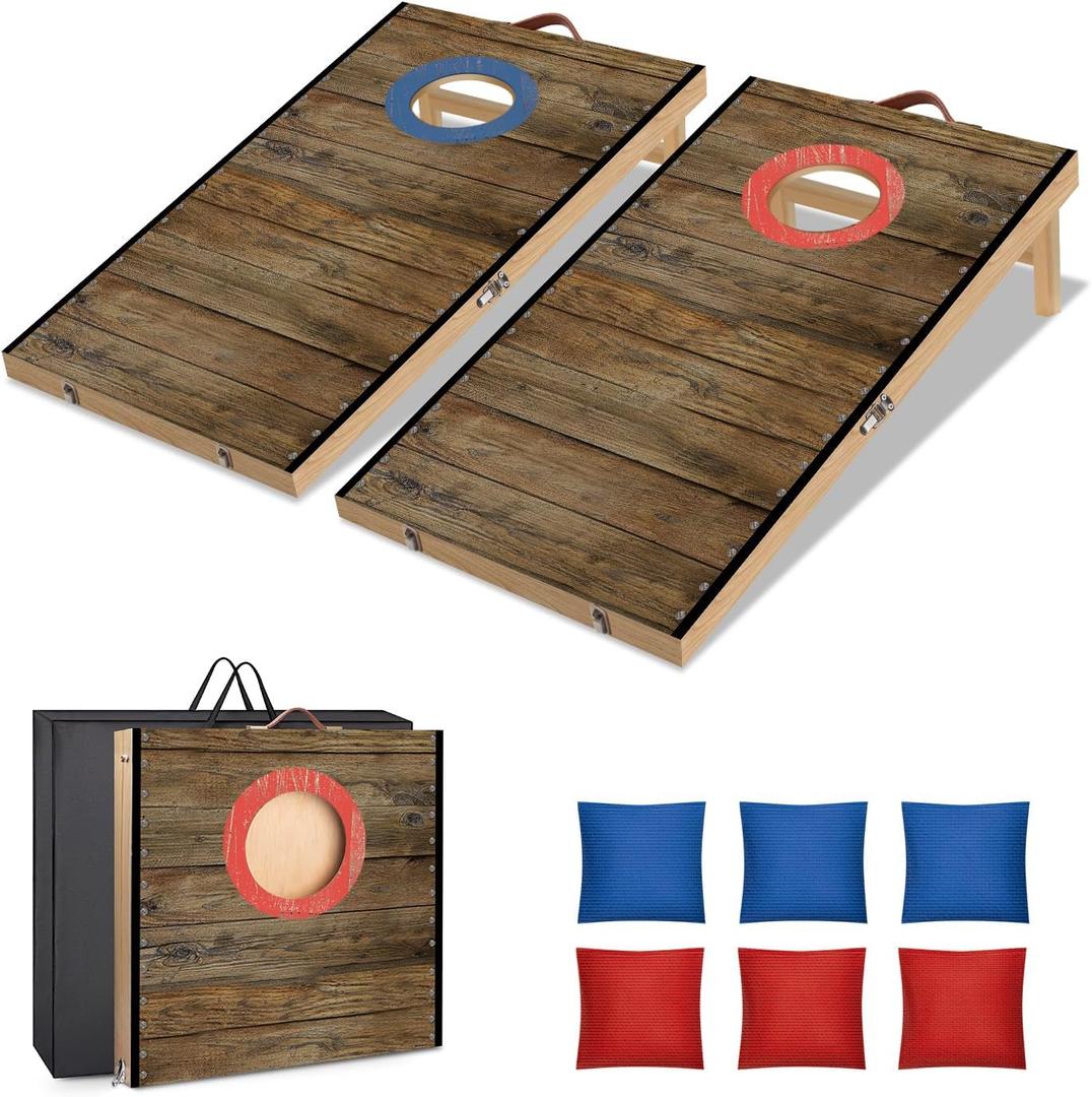 Portable Cornhole Board Set 2 ft x 1 ft Cornhole Set with 6 Bean Bags Foldable Cornhole Game for Kids and Adult Indoor or Outdoor Backyard Corn Hole Toss Games (Dark Wood)