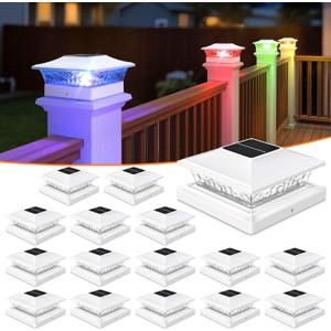 APONUO Solar Post Cap Lights with 8 RGB Solid Colors & Multicolor Flow - 16 Pack Fence Post Solar Lights, IP65 Waterproof - Fits 4x4 5x5 6x6 Wood & Vinyl Posts - White