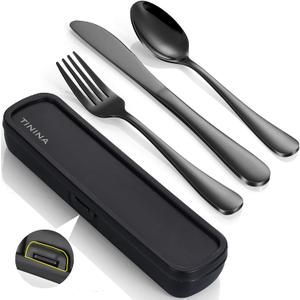 Travel Utensils with Case, 4-Piece Stainless Steel Portable Cutlery Set, Reinforced Case with Buckle Design, Lunch Box for Camping Work School, Include Fork Spoon Knife, Dishwasher Safe, Black