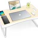 Amaredom Laptop Bed Desk Tray Bed Table, Foldable Portable Lap Desk Notebook Stand Reading Holder with Storage Drawer and Cup Holder for Eating Breakfast on Bed/Couch/Sofa-White Maple