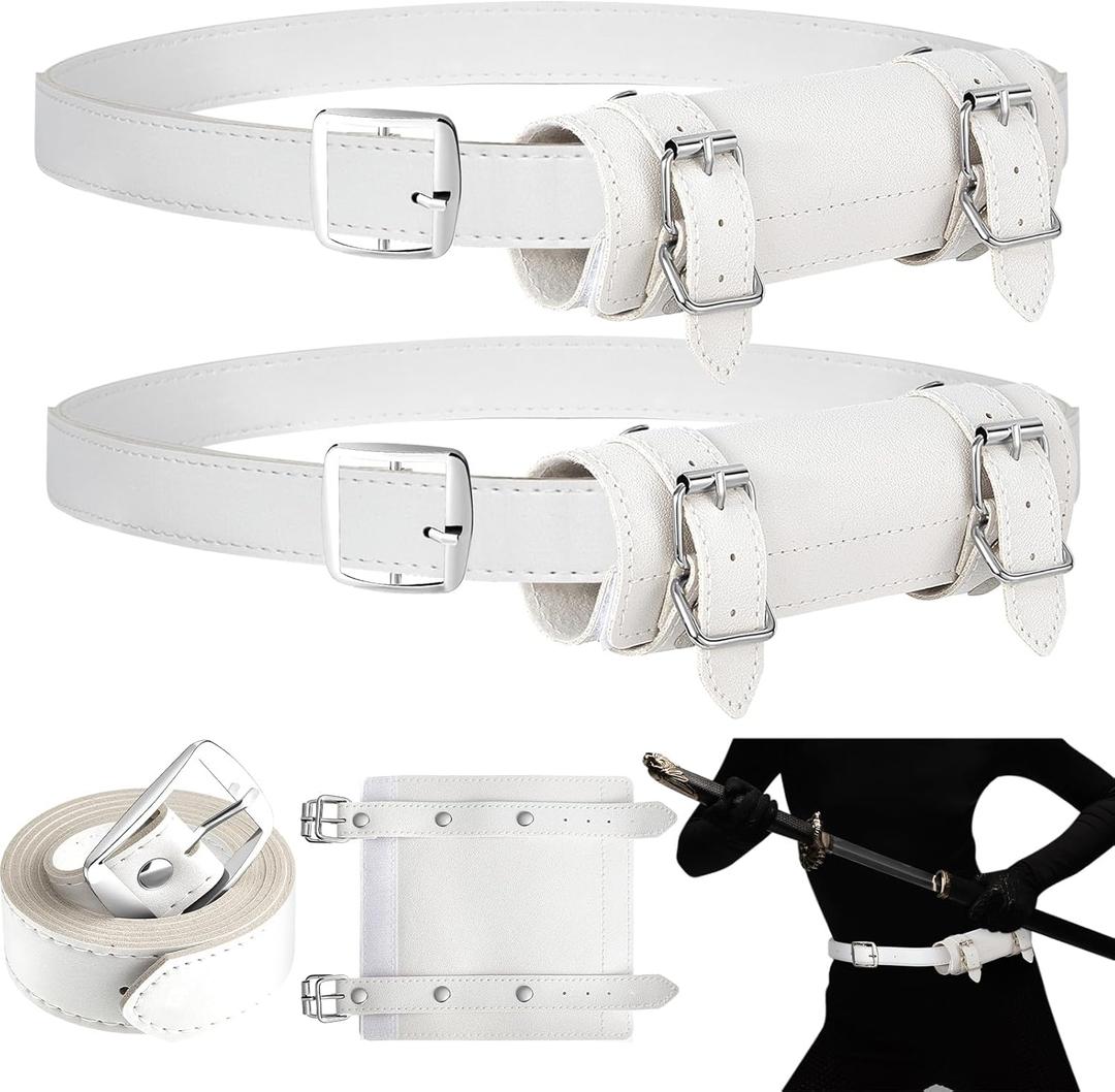Jecery 2 Pcs Katana Sword Holder Leather Halloween Sheath Scabbard Belt Adjustable Holster Belt Two Buckle Sword Leather (White)
