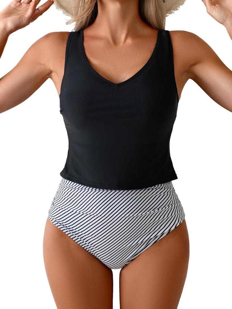Eomenie Two Piece Tankini Swimsuits for Women Tummy Control Bathing Suits U Back Swim Tank Top with High Waisted Bottom (Black Stripes)