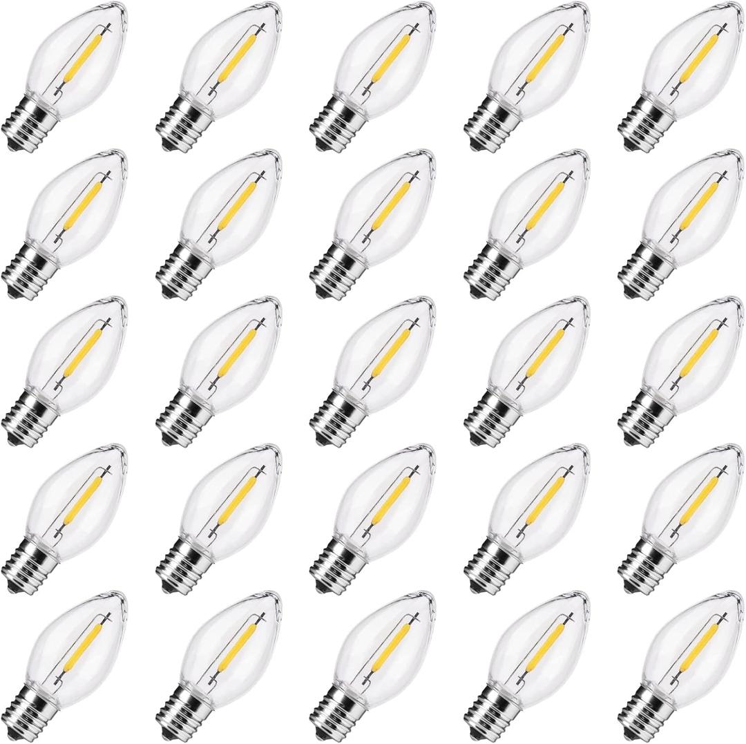 C7 LED Night Light Bulb, Clear Christmas Replacement Bulbs, C7 E12 Shatterpfoof Light Bulbs for Ourdoor Indoor String Lights, Christmas Tree Salt Lamps Window Candles Bulbs, Warm White, 25 Pack