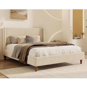 Merax Velvet Queen Size Bed Frame with Wingback Headboard, Solid Wood Upholstered Platform with Round Legs, No Box Spring Needed, Cream