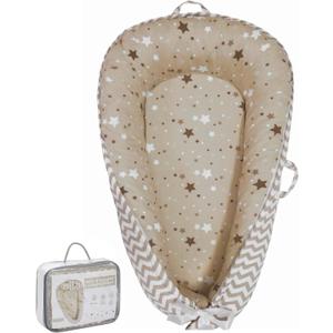 Baby Lounger | Organic Cotton Infant Lounger | Reversible, Adjustable & Portable Floor Lounger | Supervised Use | Soft, Breathable, Washable Cover- Star Collection (Tan)