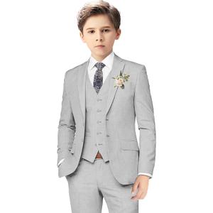 Boys Linen Suits for Kids Summer Slim Fit 3 Piece Beach Wedding Outfit Light Weight Tuxedo Linen Suit Set (14, Gray)