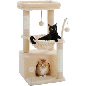 PEQULTI 4-in-1 Cat Tree, 33'' Cat Tower for Indoor Cats with Large Cat Condo, Scratching Post for Cats with Deep Hammock& Cozy Top Perch, Beige