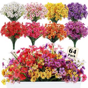 Suncalla 64 Bundles Artificial Flowers for Outdoors, UV Resistant Artificial Faux Silk Flowers, Mixed Color Realistic Faux Silk Flower for Spring Summer Decoration Indoor Outdoor Planters Garden Porch