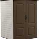 Rubbermaid Medium Vertical Resin Outdoor Storage Shed With Floor (5 x 4 Ft), Weather Resistant, Brown, Organization for Home/Backyard/Pool/Garden/Lawn Tools