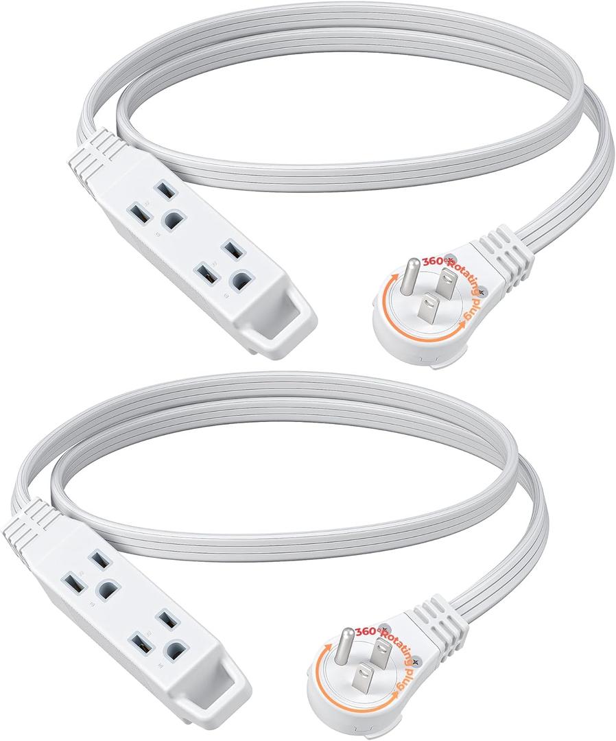 DEWENWILS 3FT 360 Rotating Flat Plug Extension Cord/Wire, 16AWG Multi 3 Outlet Extension Cord, 3 Prong Grounded Wire for Small Appliances, 2 Pack, White