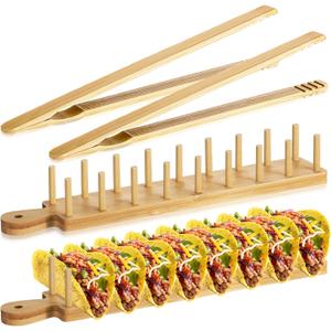 Kigley Wood Taco Holder Set of 4 Bamboo Mini Taco Tray with Tong Stand with Handle Wooden Rack, Each Holds 8 Soft or Hard Shell for Charcuterie Food Kitchen Gifts Accessories Home