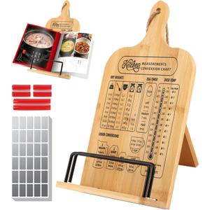 Cookbook Stand for Kitchen Counter, Wood Cookbook Stand with Measurement Conversion Chart, Foldable Adjustable Recipe Book Stand, Essential Accessories for Holding Cookbooks