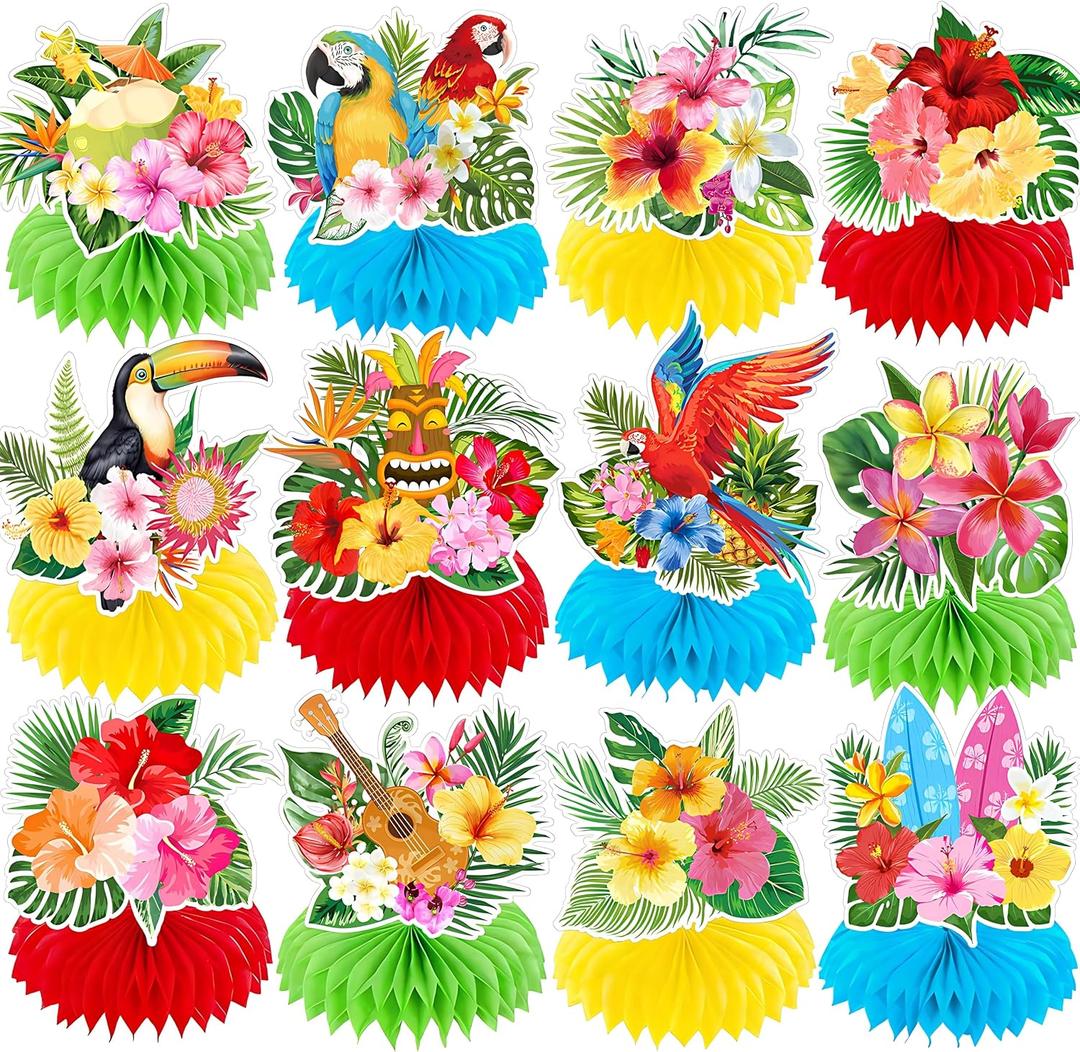 12 Pieces Tropical Luau Honeycomb Table Centerpieces, Colorful Hibiscus Flowers, Parrot with Multicolor Bases, Hawaiian Themed Decorations for Summer BBQ, Pool and Beach Aloha Birthday Decorations