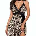 BemorRun Sexy Night Gowns for Woman Sexy Sleepwear Lace Chemise V-Neck Babydoll Lingerie Slip Nightie with Side Slits, Beige Leopard, Small