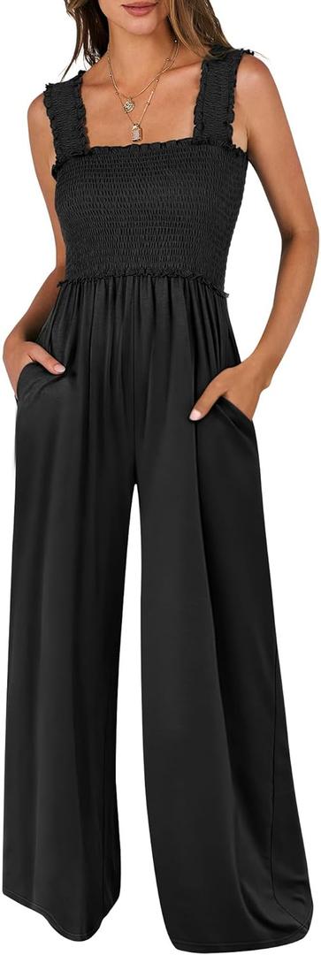 ANRABESS Womens Casual Summer Jumpsuits Smocked Sleeveless Wide Leg Long Romper Jumpers 2025 Beach Vacation Outfits (Medium, Black)