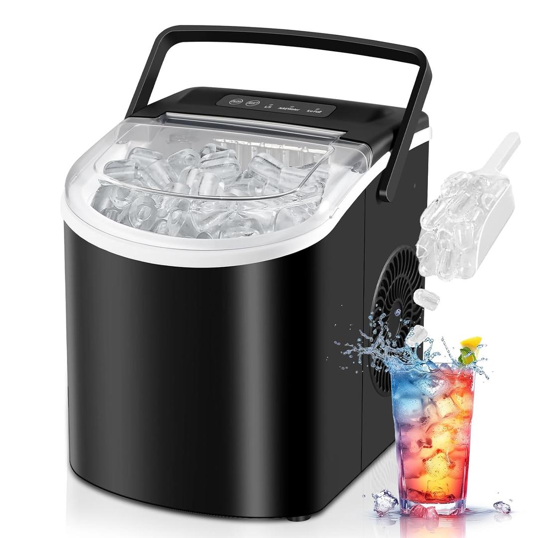 Countertop Ice Maker, Portable Ice Machine with Handle, Self-Cleaning, 26lbs in 24Hrs, 2 Sizes Bullet Shaped Ice, 9 Ice Cubes in 6 Mins with Scoop and Basket for Home/Kitchen/Office/Bar (Black)