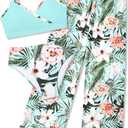 Girls Swimsuit 3 Piece Tropical Print Bathing Suit V Neck Bikini Set with Quick Dry Cover Up Pants 9-16Y (13-14 Years, Mint Green)