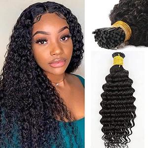 I Tip Hair Extensions Deep Wave 28Inch Long Human Hair Keratin Stick Tipped Hair Extensions Natural Black Deep Curly I Tip Virgin Hair Bundles for Women Real Remy Hair Extension 50gram 25Strands/Pack