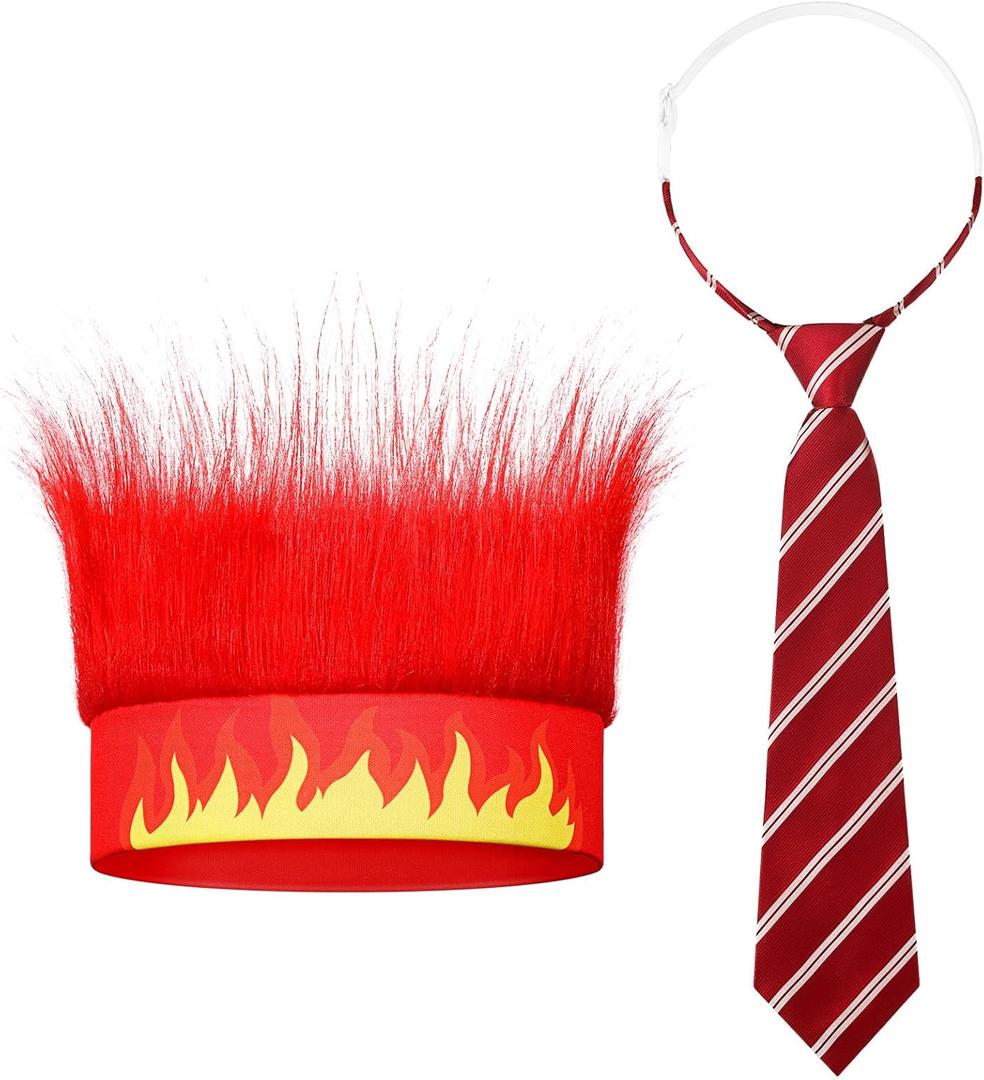 2 Pcs Halloween Fire Costume Included Hairy Headband Flame Wig Textured Tie for Men Women Cosplay Party Supplies
