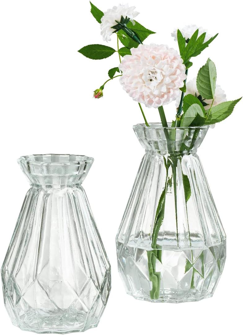 MyGift Small Glass Bud Vase, 5 Inch Decorative Flower Vases, Mini Vintage Style Centerpiece Vases with Diamond Faceted Design, Set of 2