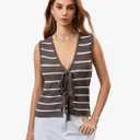 RoseSeek Women's Bow Tie Front Striped Sweater Vest V Neck Sleeveless Knit Vests,L