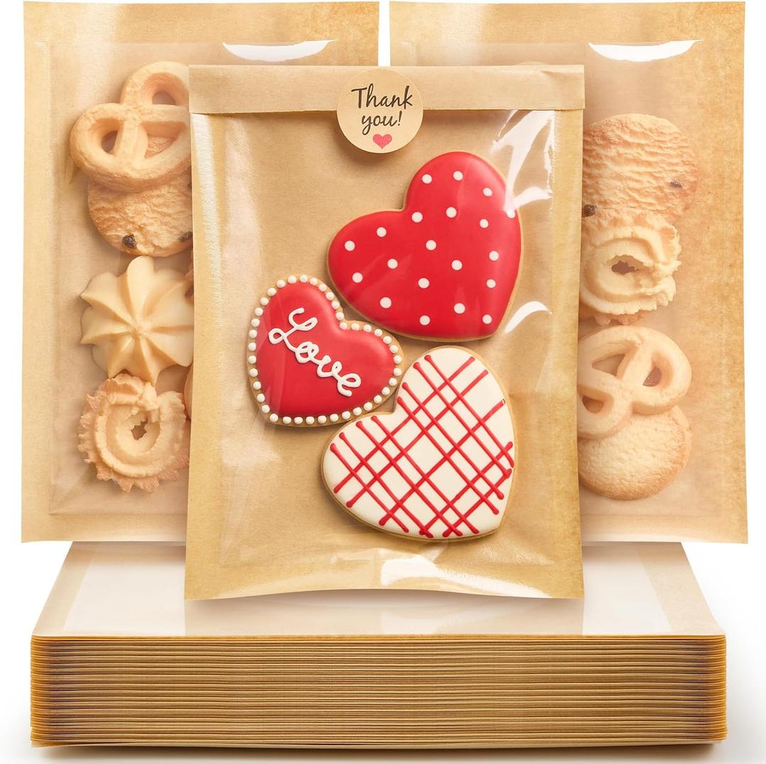 ZORRITA 100 Pack Heat-Sealable Cookie Bags with Window, 5.1 x 7.5 Inches Small Clear Front To Go Bakery Bags, Grease Resistant Kraft Paper Treat Sleeves for Packaging Snack Donut Pastry (Brown)
