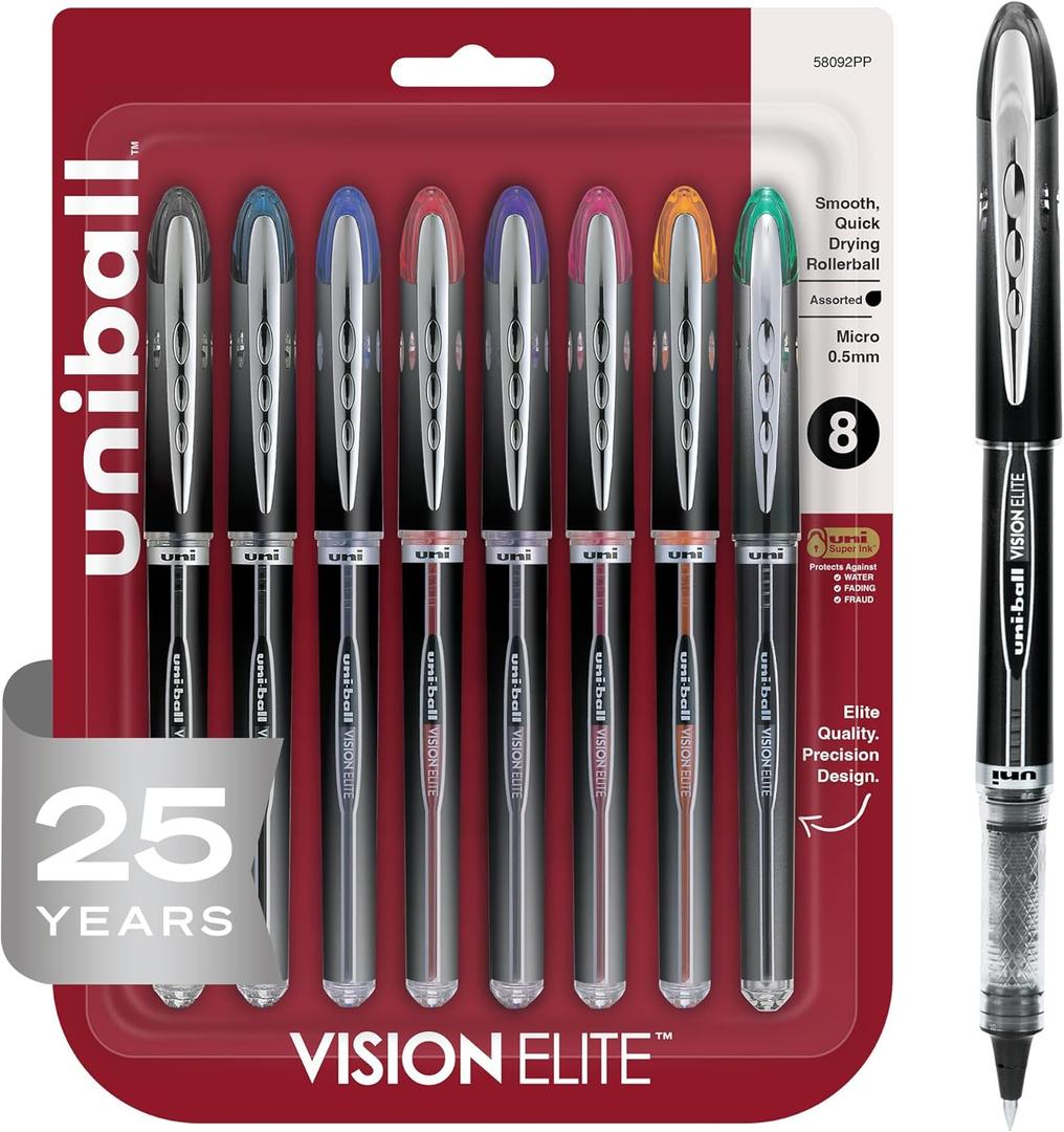 Uniball Vision Elite Rollerball Pens, Micro Point (0.5mm), Assorted Colors, 8 Pack
