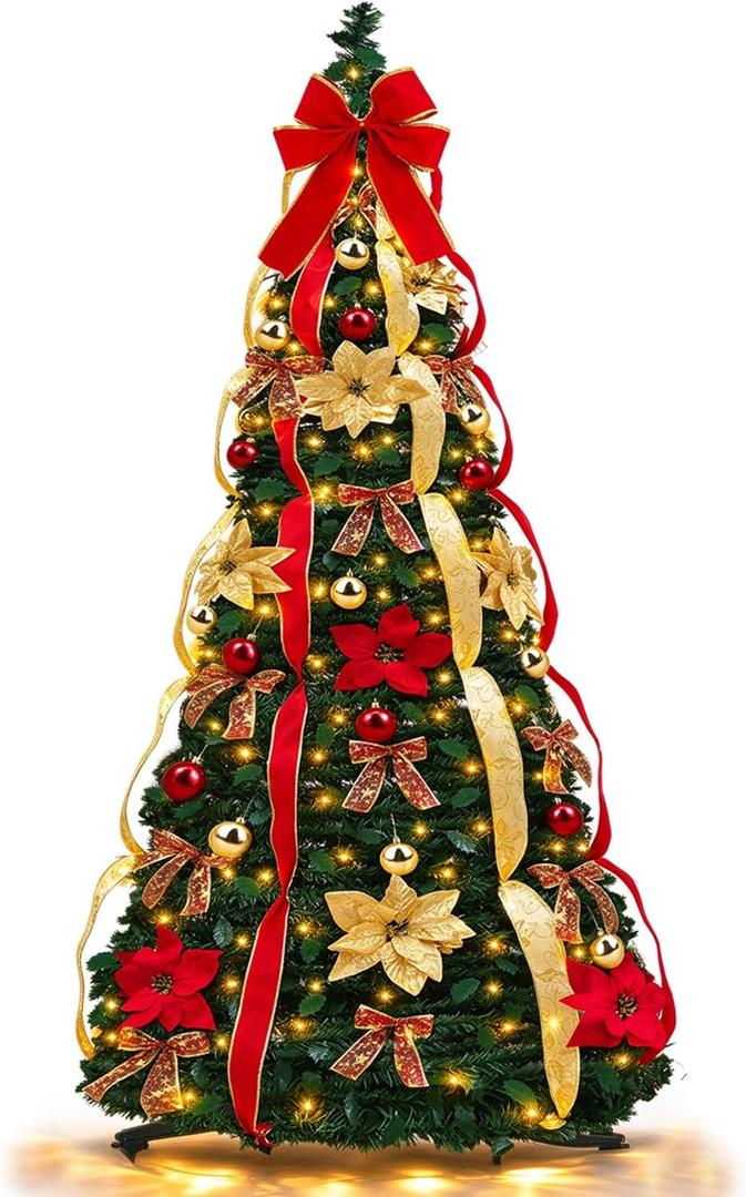 6.5 Ft Pop up Christmas Tree,Prelit 200 Warm White LED Lights,Opens Instantly,Fully Decorated,8 Lighting Modes & Timer,Fire-Resistant,Foldable,Collapsible Xmas Tree Outdoor Indoor Holiday Party Decor
