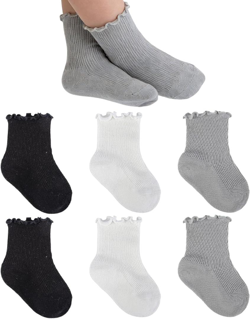 6 Pairs Baby Infant Toddler Girls Ruffle Socks Cute Soft Cotton School Uniform Frilly Dress Crew Socks Little Kids (3-5T, White,black,grey)
