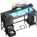 47 Inch Computer Gaming Desk with Power Outlets & LED Lights Reversible Home Office Desk with Adjustable 5 Fabric Storage Drawers for Working Writing Study, Black
