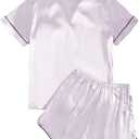 Rooscier Women's Satin Pajamas Set V Neck Short Sleeve Shirt With Shorts Sleepwear (Pink, L)