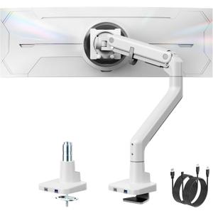 monTEK Single Monitor Arm with USB A/C, Ultrawide Monitor Stand for 17 to 57 Inch Curved Screen, Holds 59.4 lbs, Adjustable Gas Spring Arm, 75/100 VESA Mount, Clamp & Grommet Desk Mount, White