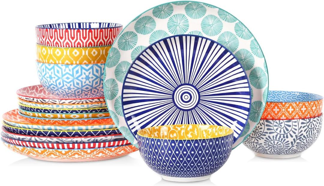 Selamica Ceramic Plates and Bowls Sets,18 Pieces Dinnerware Sets for 6,Dishwasher & Microwave Safe dish set,Family & Holiday Dining, Assorted Colors