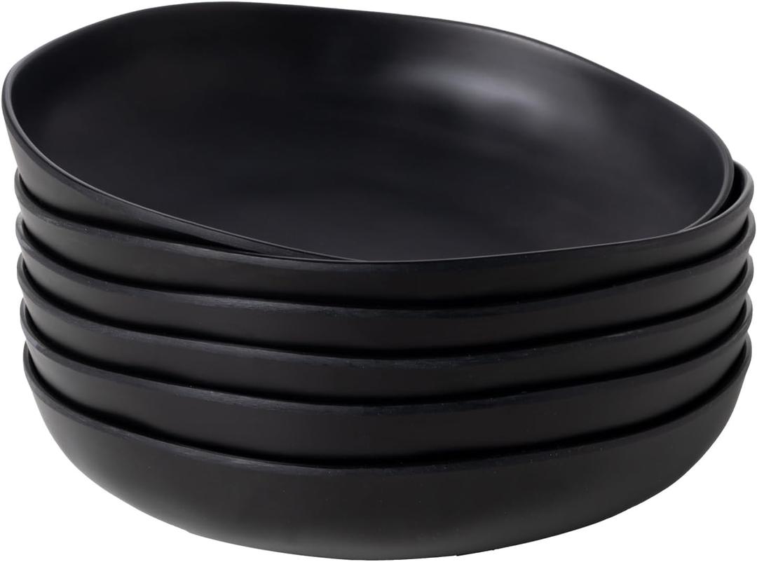 Melamine Bowls Set, 9 Large Pasta Bowl Salad Bowl, Set of 6, Lightweight Unbreakable Shallow Dinner Bowl Set, Large Capacity Serving Bowls for Kitchen, Black