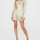 HYPERFIRE Women's Elegant Sqaure Neck Satin Long Sleeve Mini Dress Wedding Cocktail Dresses (Gold)