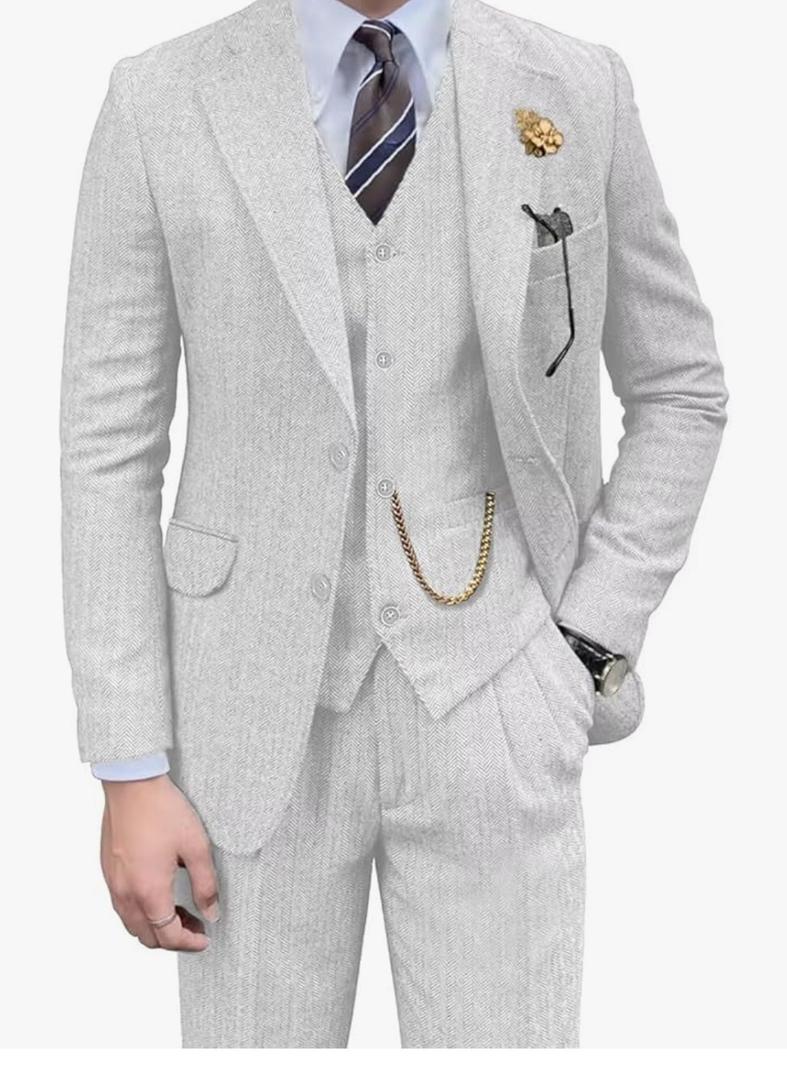 Retro Mens 3 Piece Suit Tweed Herringbone Slim Fit Suits Groomsmen Brown Tuxedos Set Prom Jacket Blazer Vest Pants for Men, S