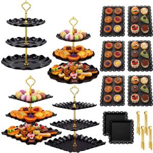Remerry 16 Pcs Dessert Table Display Set 3 Tier Cupcake Stands Tower Holder Plastic Cookie Serving Trays Gold Serving Tongs for Tea Party Wedding Baby Shower Birthday Table Display(Black)