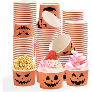 Grencian 120 Pcs Halloween Treat Snack Cups 12 Oz Disposable Pumpkin Ghost Bowls Disposable Paper Cup Orange Black Paper Cup Dessert Bowls Food Tasting Cups for Halloween Party Supplies