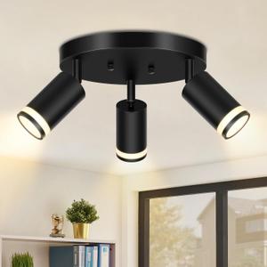 3-Lights Flush Mount Ceiling Light, Black Adjustable Multi-Directional Kitchen Light Fixtures Ceiling, Modern Track Lighting Fixtures, Flexibly Rotatable Spotlights for Bedroom, Hallway, Foyer